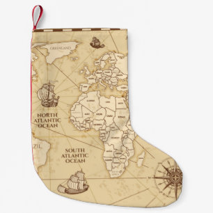 Petite Chaussette De Noël Vintage carte du monde antique avec frontières pay