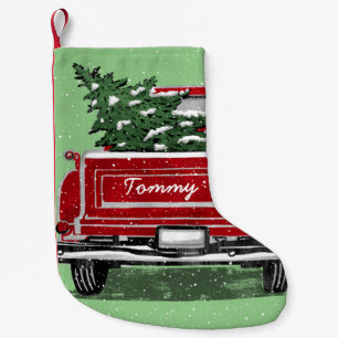 Petite Chaussette De Noël Vintage Red Truck Christmas Tree Nom