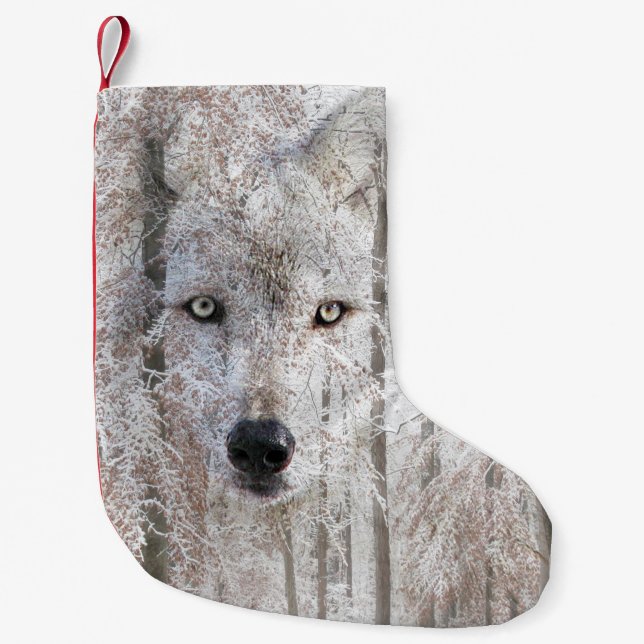 Petite Chaussette De Noël Visage de loup en bois de neige (Devant)