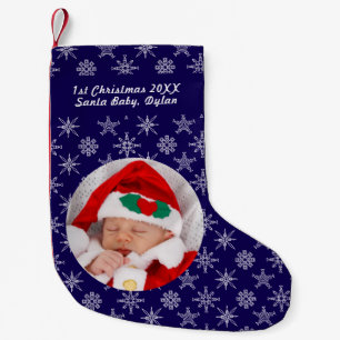 Petite Chaussette De Noël Votre photo Santa Baby Flocon de neige et fond ble