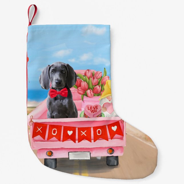 Petite Chaussette De Noël Weimaraner Chien Valentine's Day Coeurs de camion (Devant)
