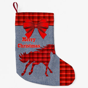 Petite Chaussette De Noël Western Horse Red Plaid Faux Denim