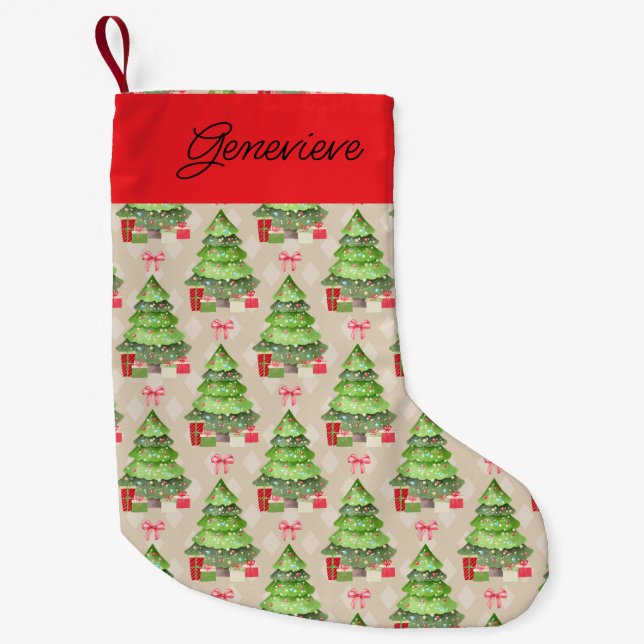 Petite Chaussette De Noël Whimsical Christmas Trees, Red Bows and Presents S (Devant)