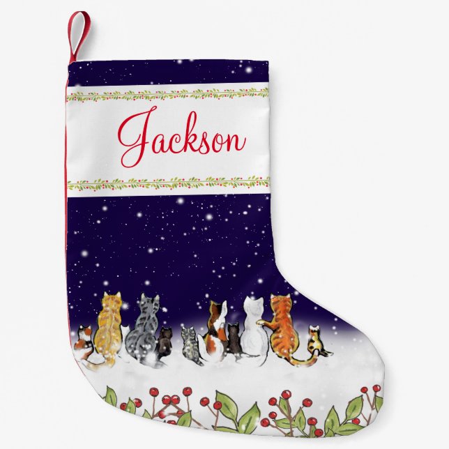 Petite Chaussette De Noël Whimsical Pet Cats Bleu foncé Nuit Neige Vacances (Devant)