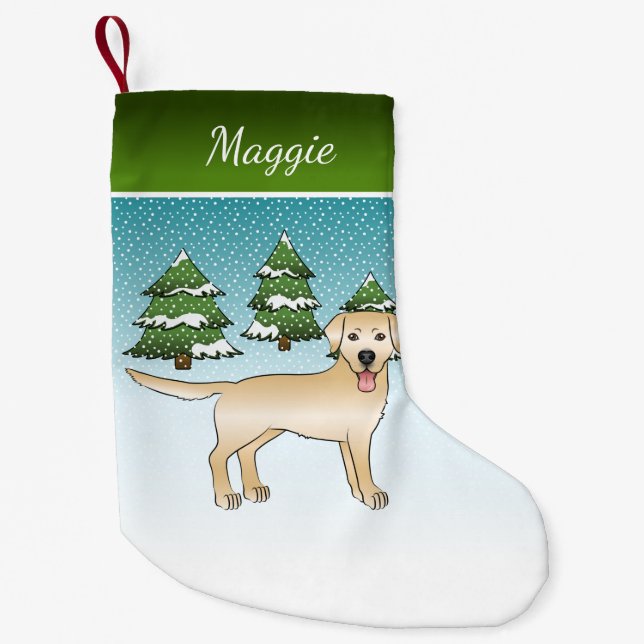 Petite Chaussette De Noël Yellow Labrador Retriever - Forêt d'hiver et nom (Devant)