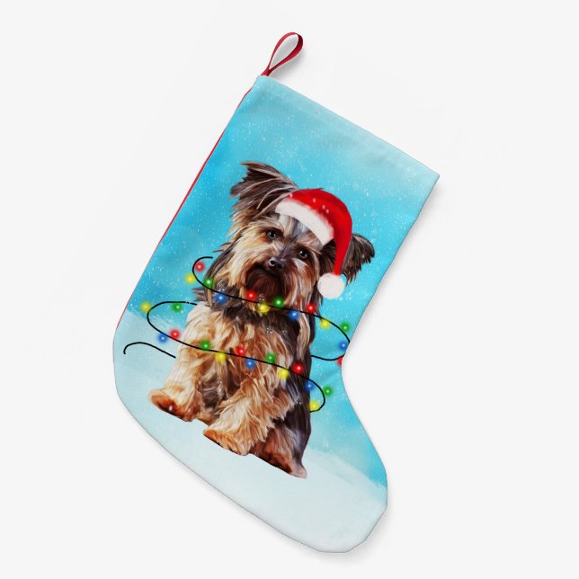 Petite Chaussette De Noël Yorkshire Terrier Chien Noël Santa Hat Lumières (Devant (Accrochage))