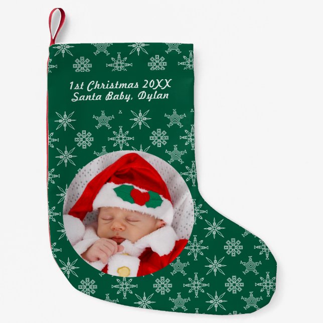 Petite Chaussette De Noël Your Photo Santa Baby Snowflake & Green Background (Devant)