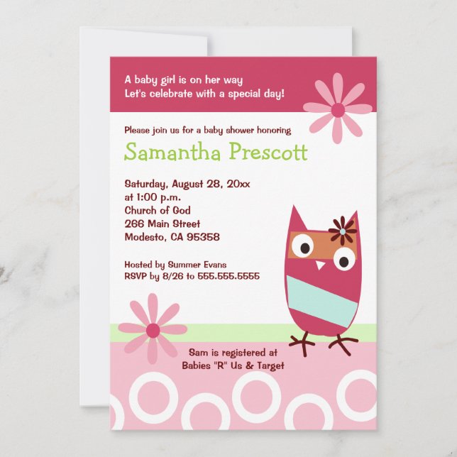 Petite chouette Douche bébé Invitations bébé fille (Devant)