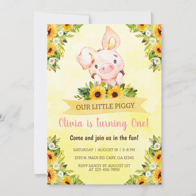 Petite cochon et tournesol anniversaire Invitation (Devant)