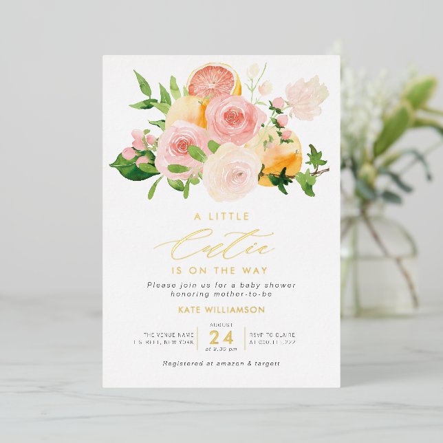 petite cutie baby shower feuille d'or invitation (Debout devant)