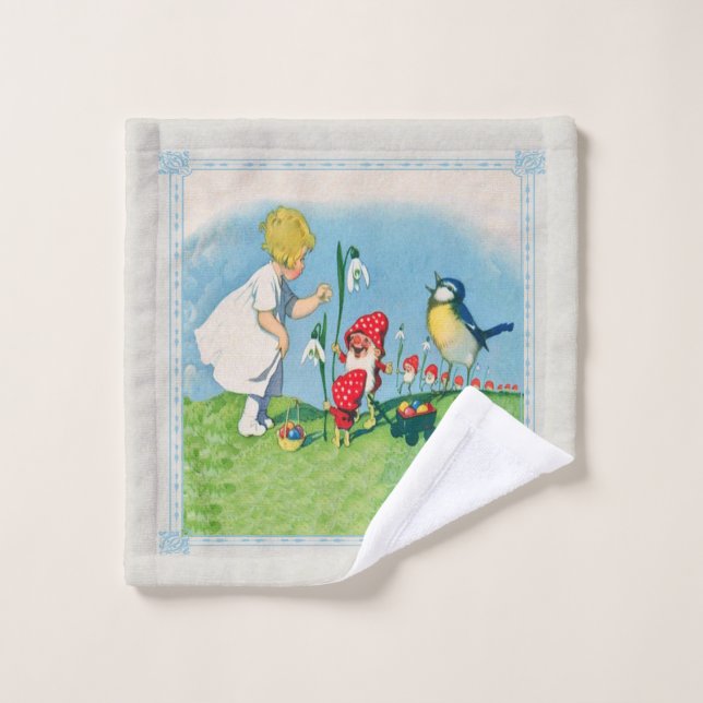 Petite fille avec elfes Panier d'oeufs de Pâques F (Gant de toilette)
