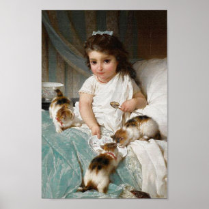 Petite fille avec le poster vintage de chatons