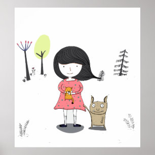 Petite fille avec un ami monstre comique affiche p