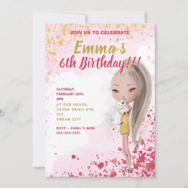 Petite fille avec un chat aquarelle invitation enf (Devant)