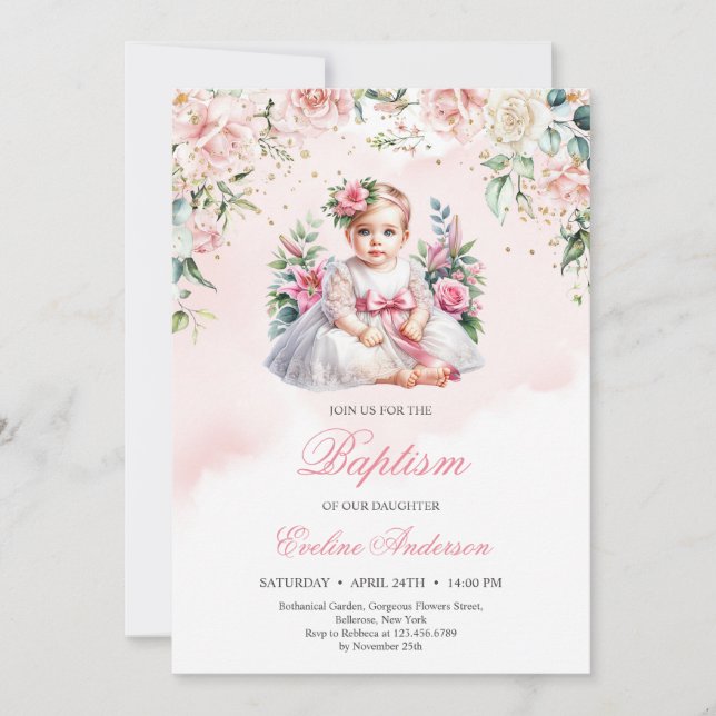 Petite fille blush rose floral invitation Baptême (Devant)