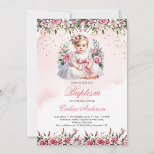 Petite fille blush rose floral invitation Baptême