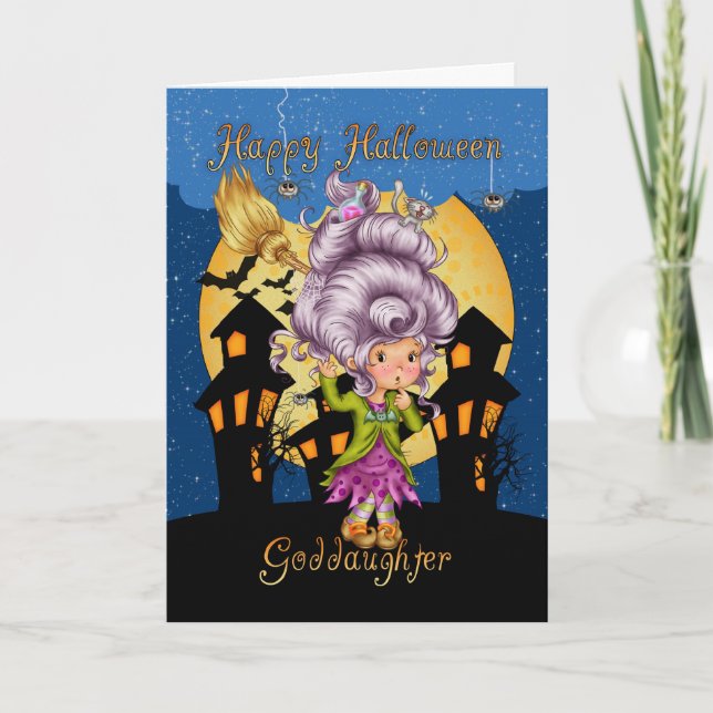 petite fille carte halloween avec jolie sorcière (Devant)