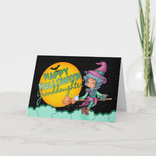 petite-fille carte halloween avec jolie sorcière