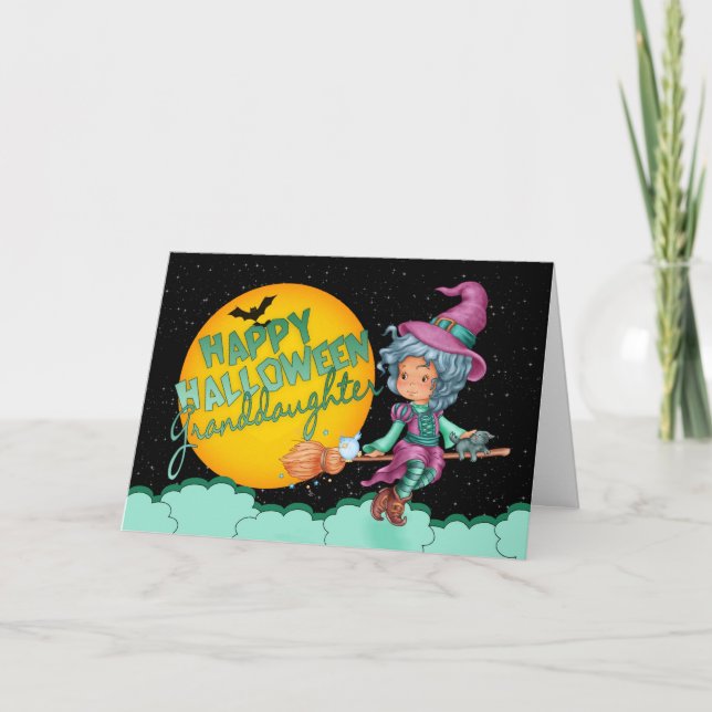 petite-fille carte halloween avec jolie sorcière (Devant)