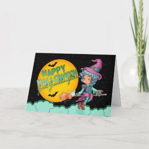 petite-fille carte halloween avec jolie sorcière
