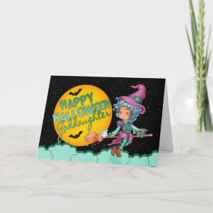 petite fille carte halloween avec jolie sorcière
