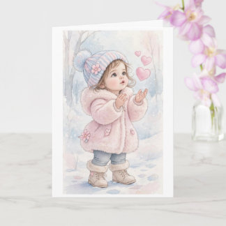 Petite fille dans une carte de scène hivernale
