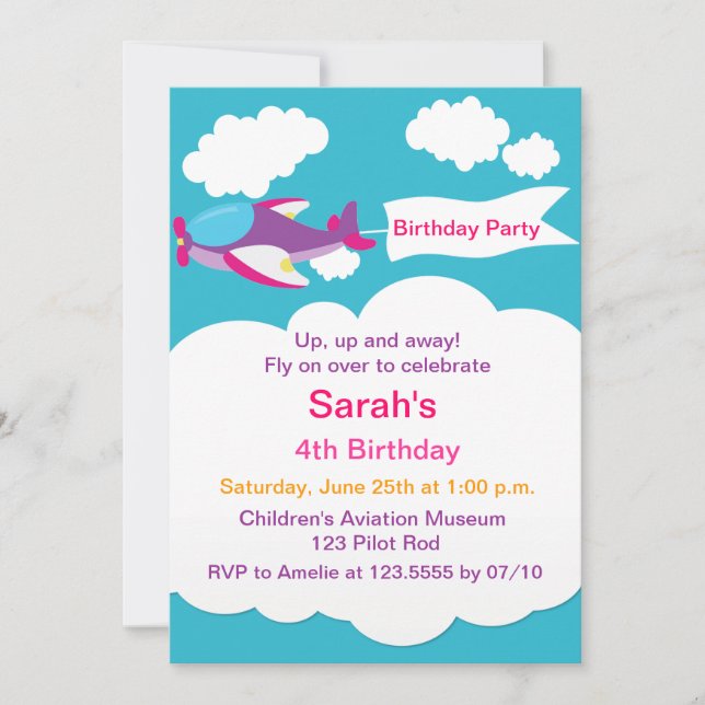 Petite fille d'avion mignonne Invitation d'anniver (Devant)