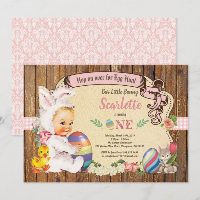 Petite fille de Pâques 1er anniversaire Invitation (Devant / Derrière)