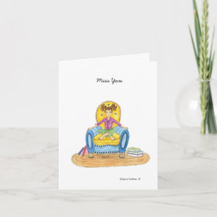 Petite fille en bleu chaise noir carte de note