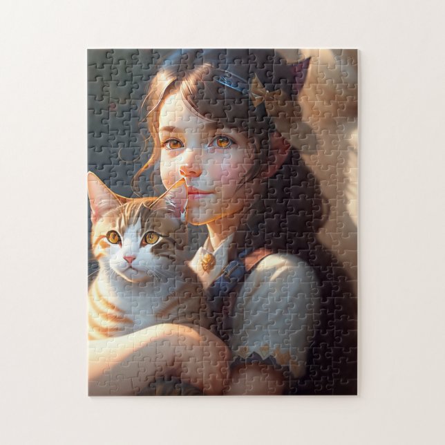 PETITE FILLE ET CHAT ART JIGSAW PUZZLE (Vertical)