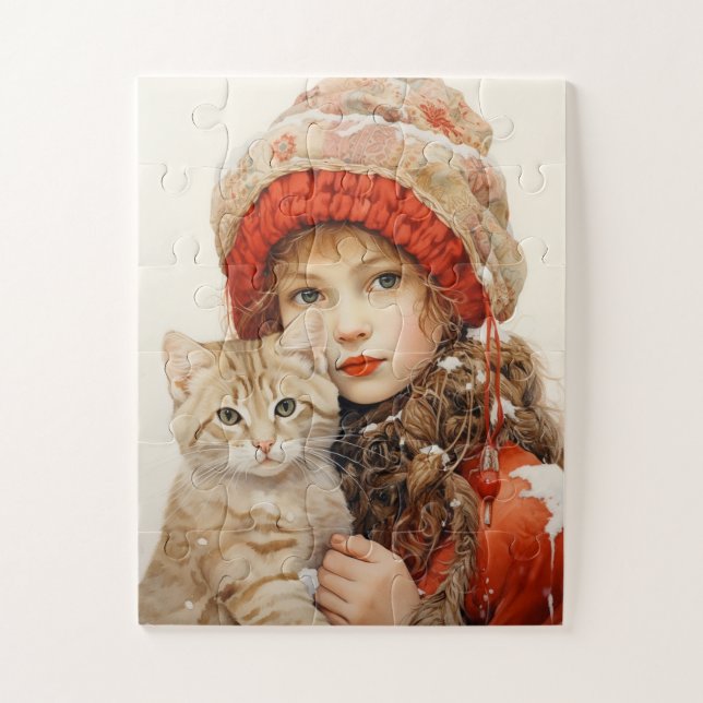PETITE FILLE ET CHAT ART JIGSAW PUZZLE (Vertical)