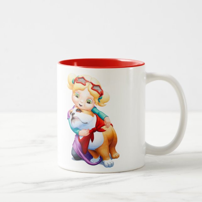 Petite fille et tasse personnalisée par bouledogue (Droit)
