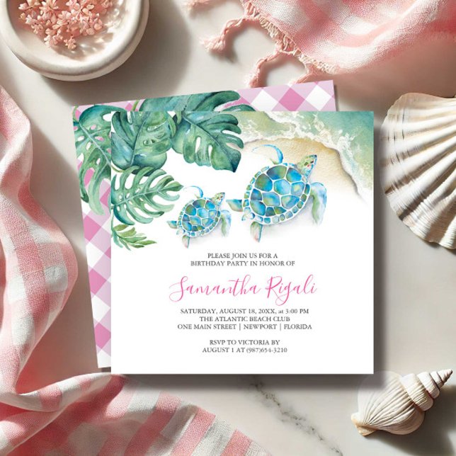 Petite fille Invitations d'anniversaire Tropical A (1st Birthday invitations for girl watercolor tropical beach art by Victoria Grigaliunas DoTellABelle)
