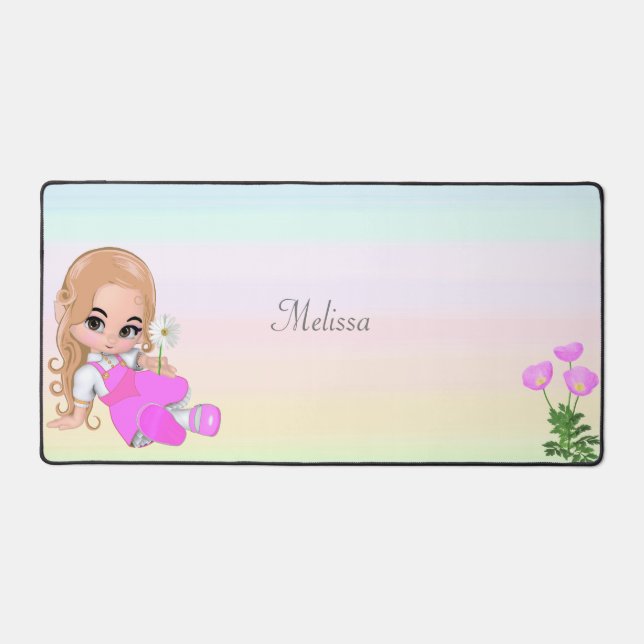 Petite fille mignonne et fleurs aux couleurs paste (Recto)