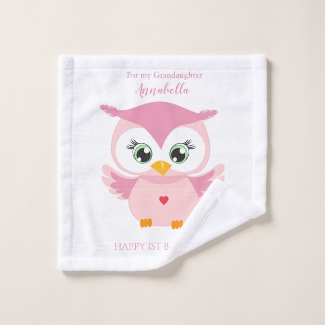 Petite fille Premier anniversaire Cute Pink Owl (Gant de toilette)
