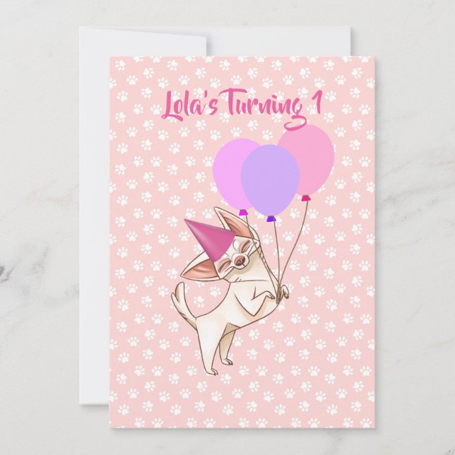 Petite fille rose Chihuahua Invitation anniversair (Devant)