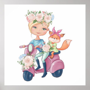 Petite fille sur scooter à moteur avec Poster Litt