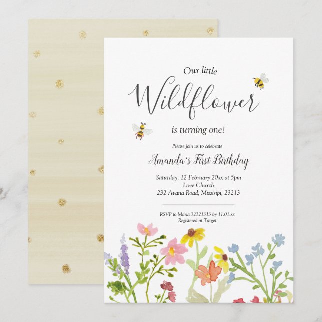 Petite fleur sauvage invitation d'anniversaire fil (Devant / Derrière)