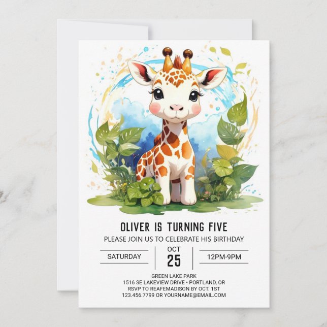 Petite Giraffe Personnalisée Invitation d'annivers (Devant)