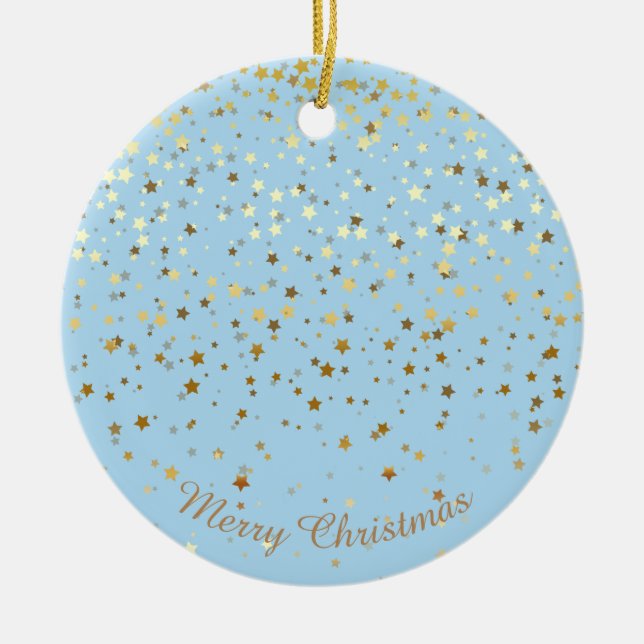 Petite Golden Stars Christmas Ornament-Blue Ceramic Ornament (Front)