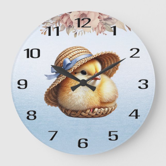 Petite horloge murale Poulet avec ruban bleu (Recto)