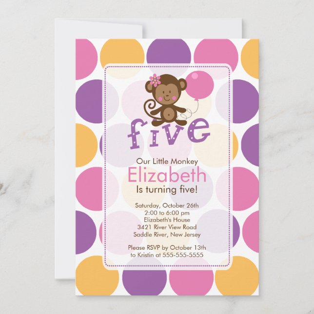Petite invitation 5 d'anniversaire de singe de (Devant)