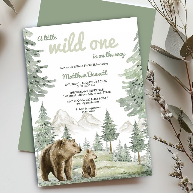 Petite invitation à la douche de la forêt d'ours b (Rustic baby shower invite with sage green watercolor forest and bear design. Ideal for woodland
)