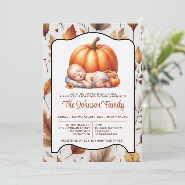Petite invitation Baby shower Citrouille (Debout devant)