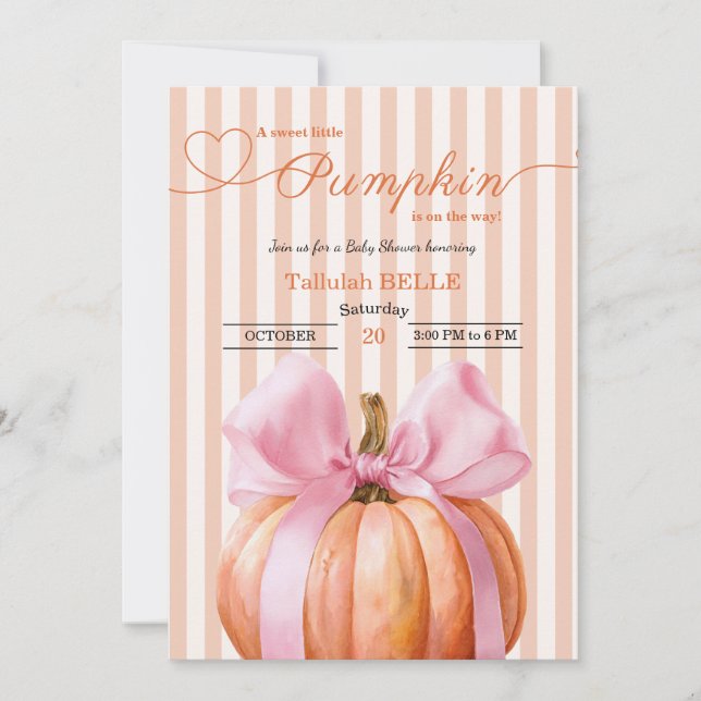 Petite invitation Baby shower Citrouille - Bow ros (Devant)