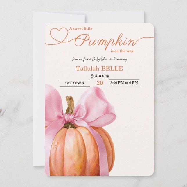 Petite invitation Baby shower Citrouille - Bow ros (Devant)