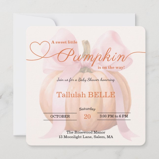 Petite invitation Baby shower Citrouille - Bow ros (Devant)