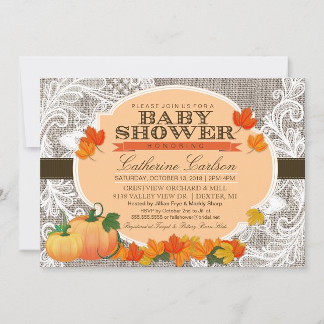 Petite Invitation Baby shower Citrouille, Dentelle (Devant)