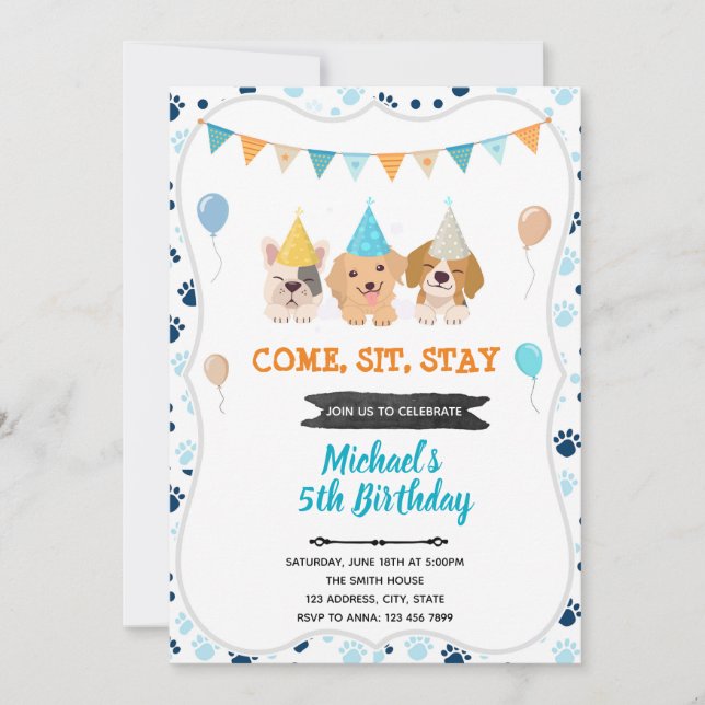 Petite invitation d'anniversaire chien chiot (Devant)