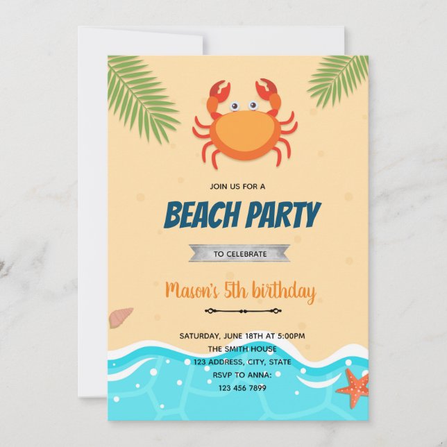 Petite invitation d'anniversaire de crabe (Devant)